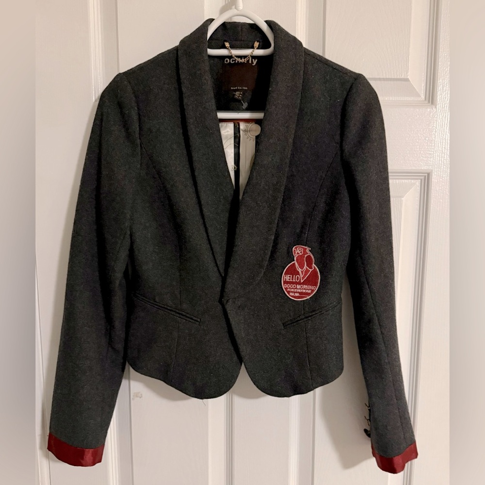 Ochirly Grey Wool Cropped Blazer With Crest Prep School Style Medium